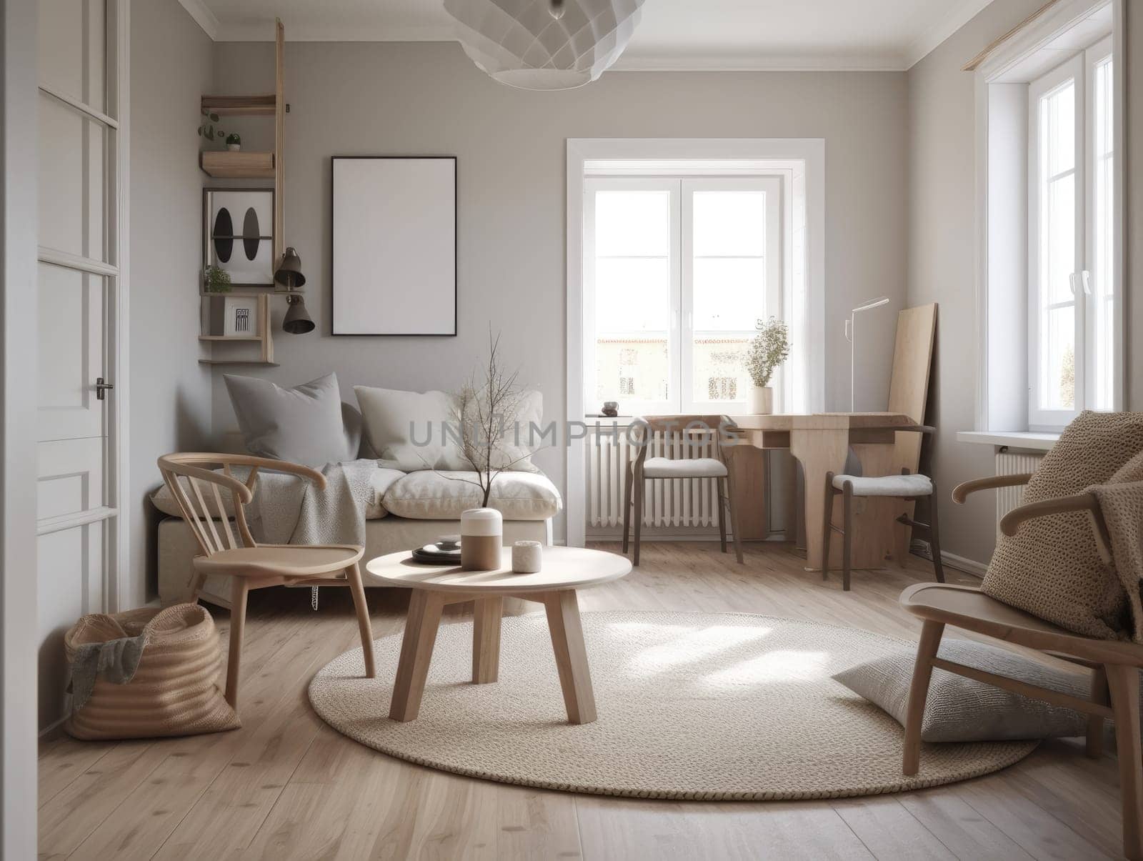 Beautiful cozy beige scandinavian living room with wooden furniture. Generative AI.