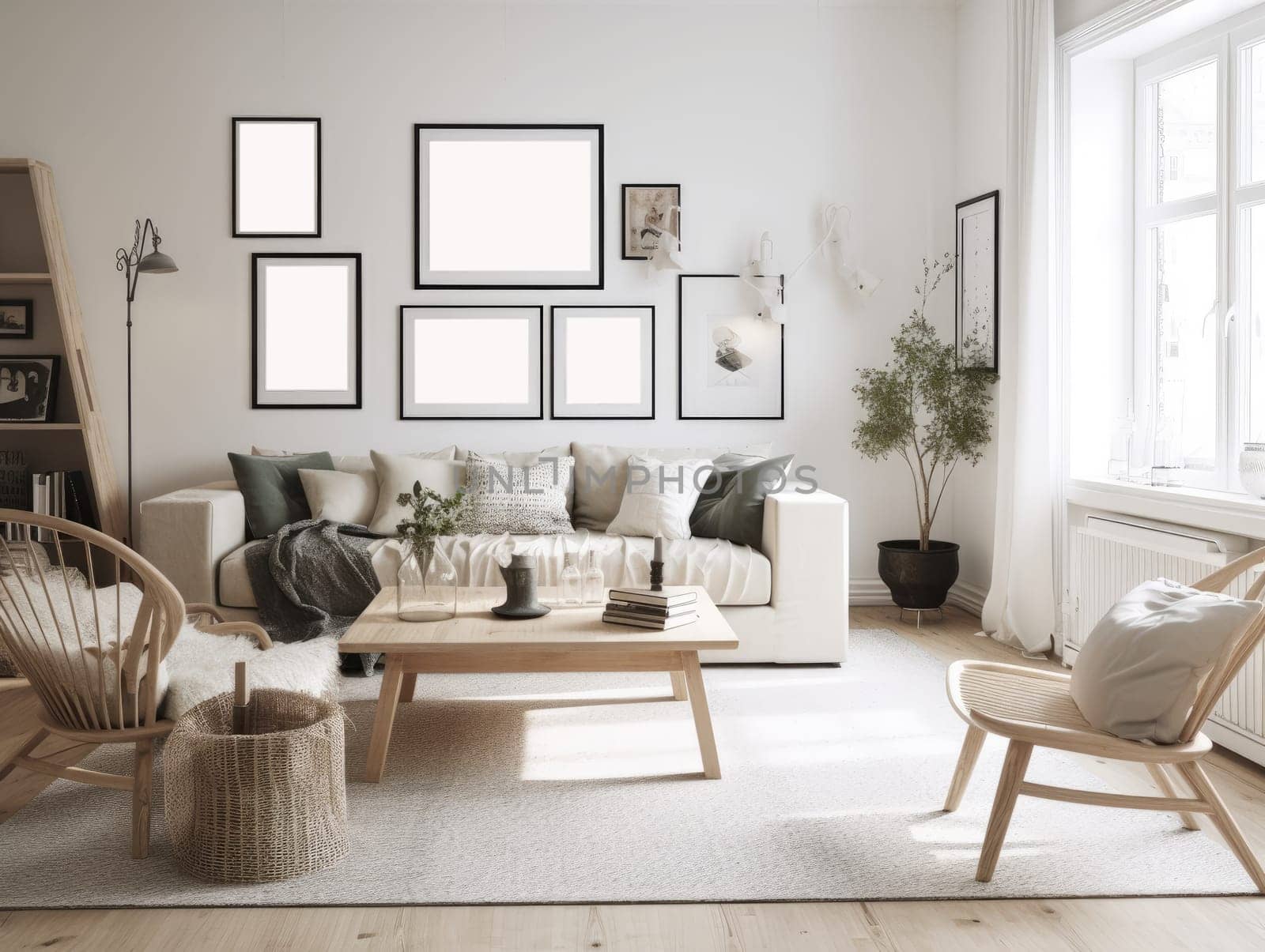 Beautiful furnished scandinavian living room interior with morning light. Generative AI.