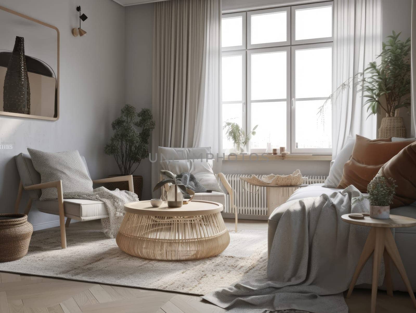 Beautiful cozy beige scandinavian living room with wooden furniture. Generative AI.