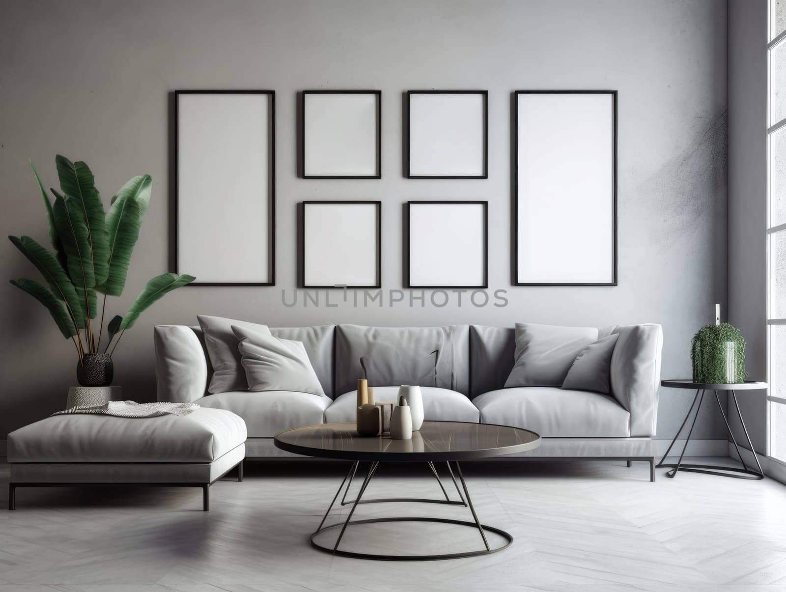 Grey modern living room with mock up frame and modern furniture. Generative AI.