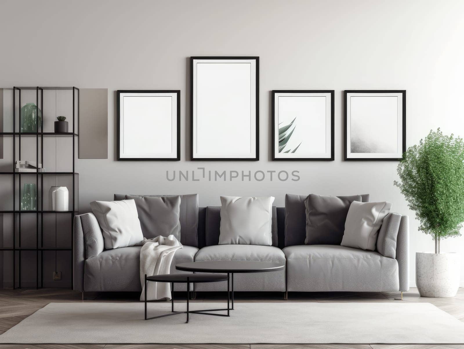 Trendy grey modern living room with mock up frame above sofa. Generative AI.