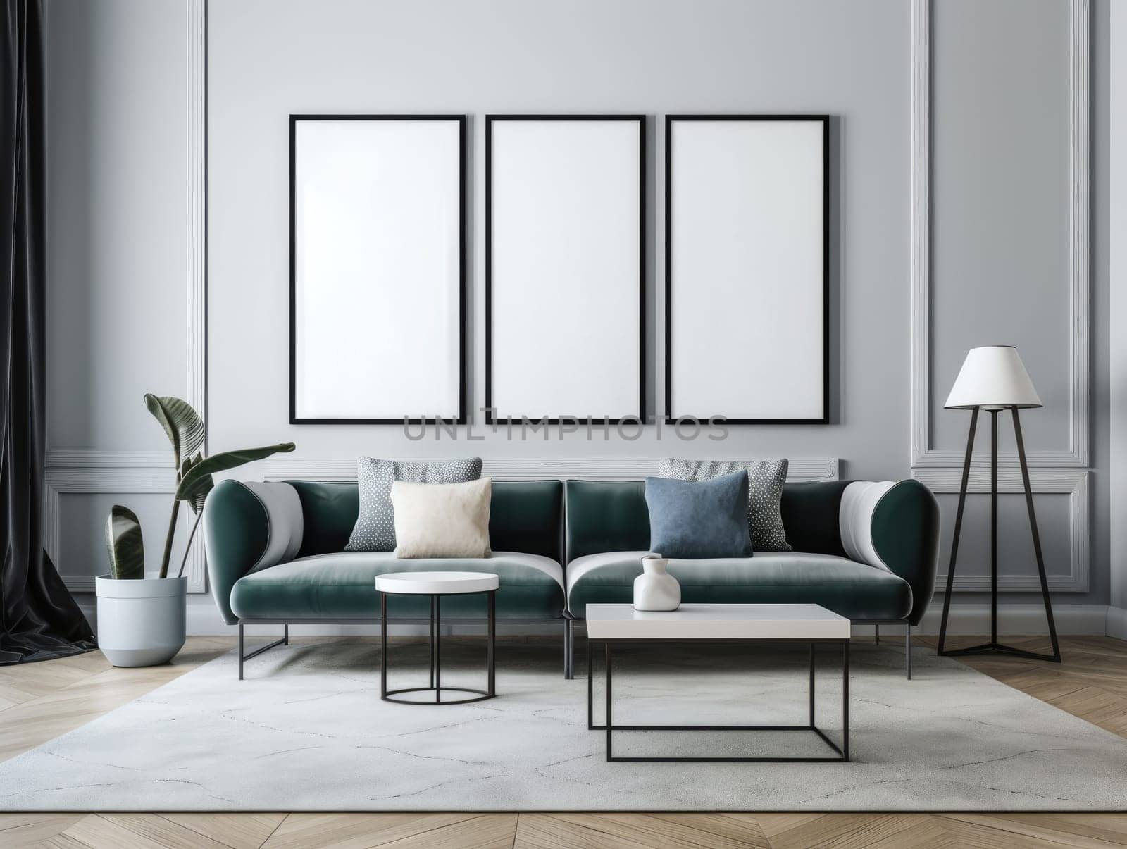 Grey modern living room with mock up frame and modern furniture. Generative AI.