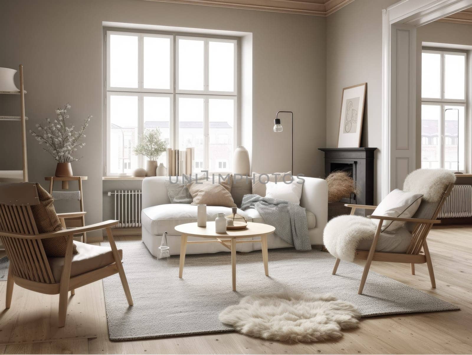Scandinavian interior design living room with large window. Generative AI.
