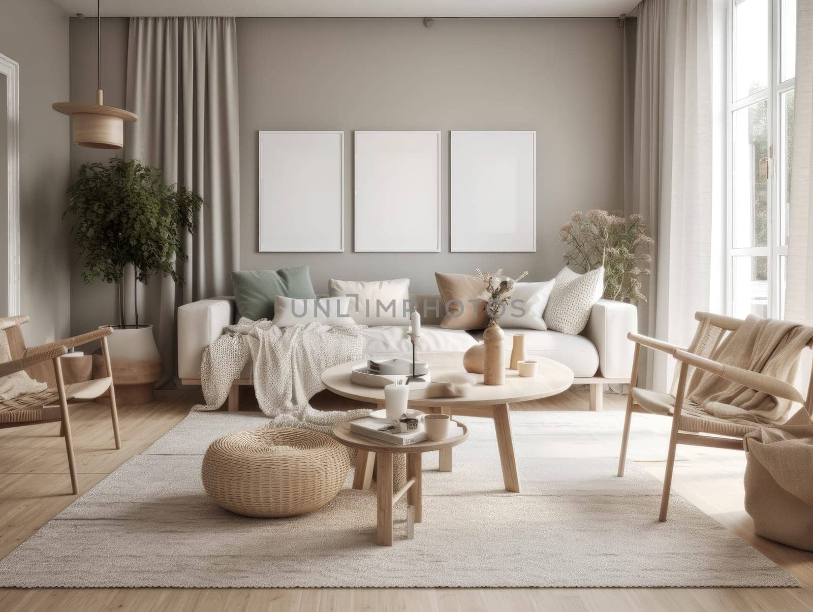Scandinavian interior design living room with large window. Generative AI.