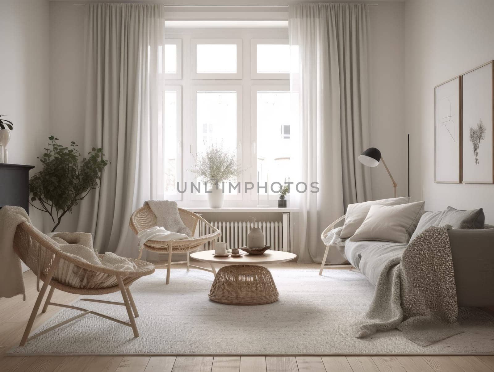 Scandinavian interior design living room with large window. Generative AI.