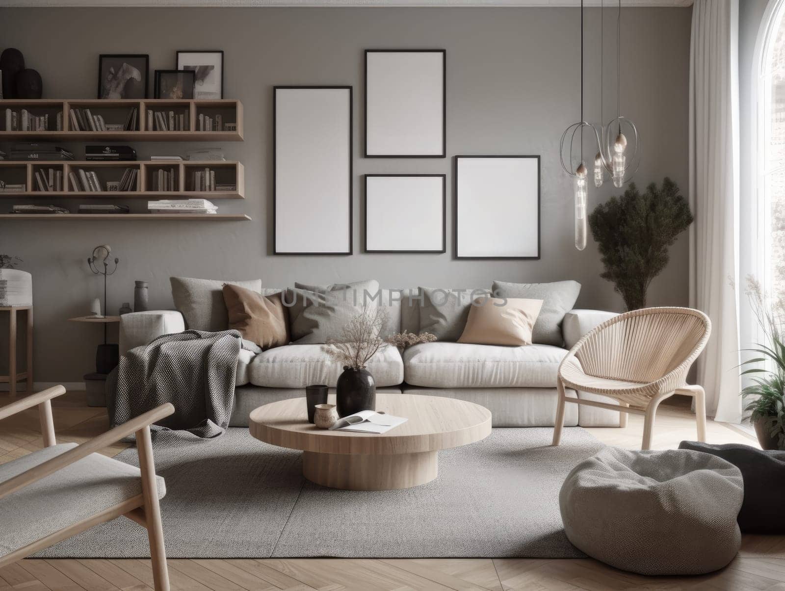 Scandinavian interior design living room with large window. Generative AI.