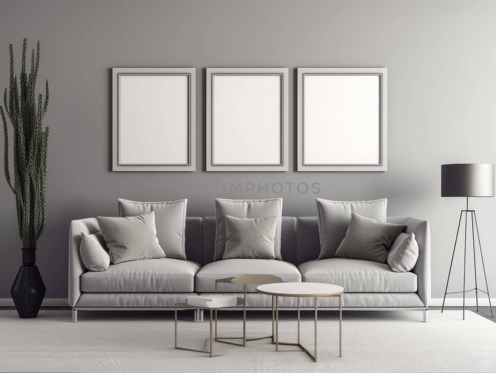Grey modern living room with mock up frame and modern furniture. Generative AI.