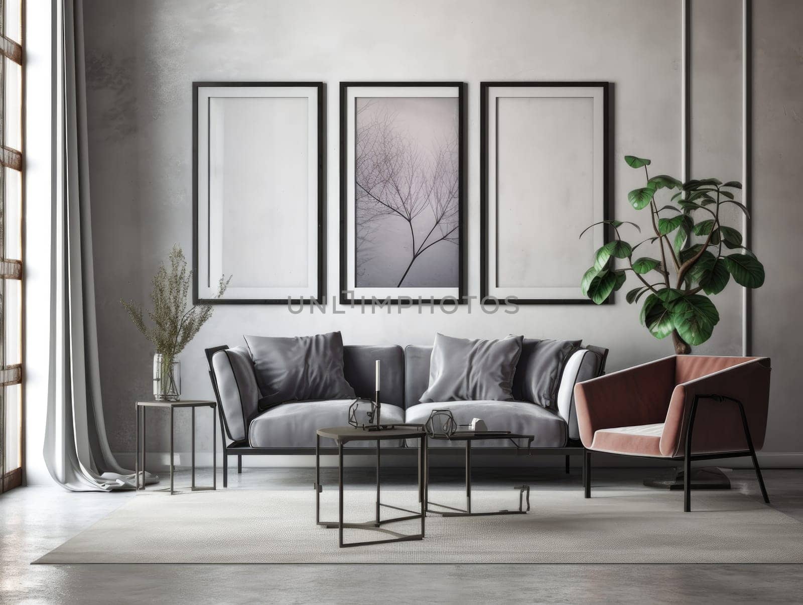 Trendy grey modern living room with mock up frame above sofa. Generative AI.