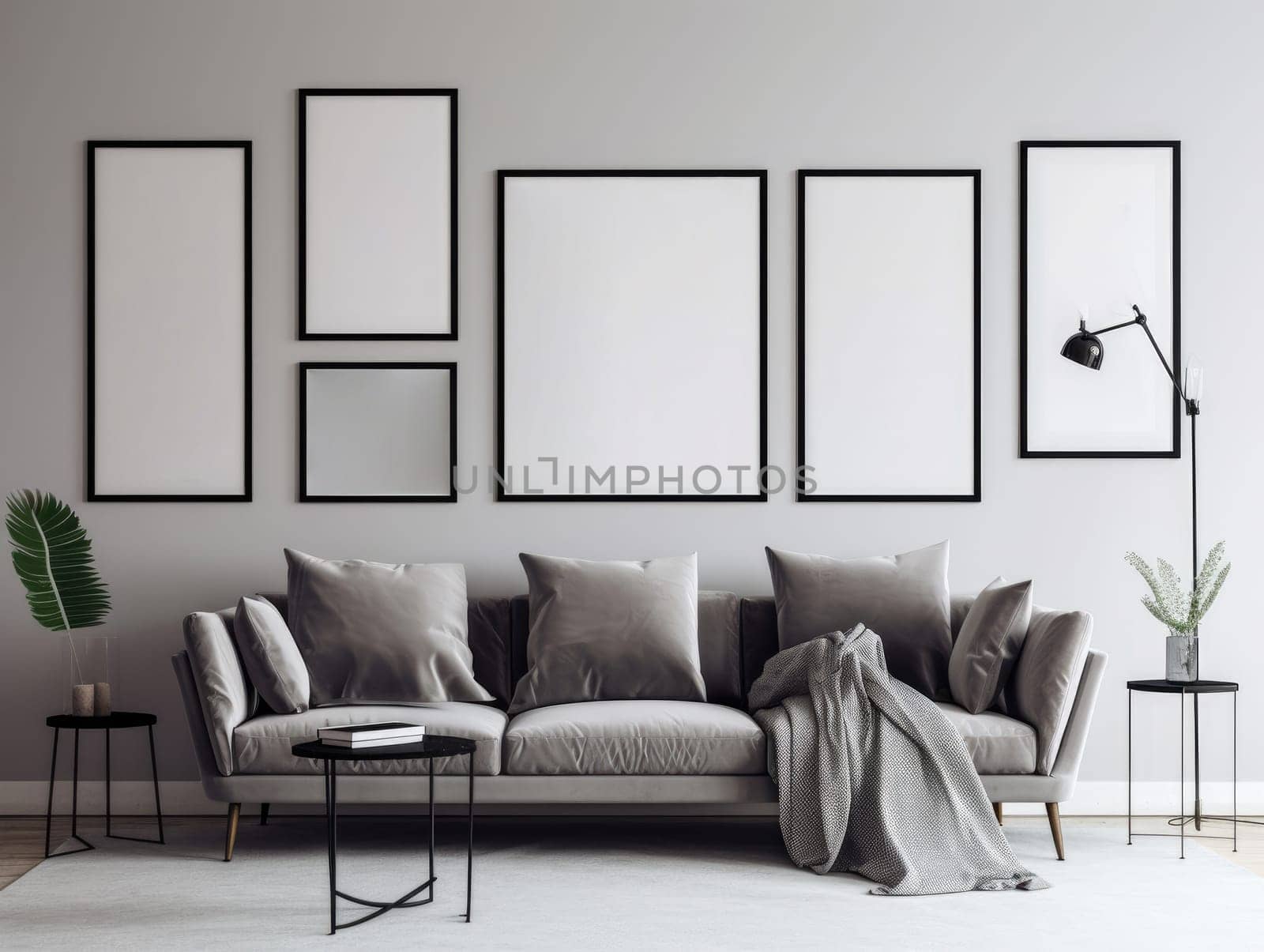 Grey modern living room with mock up frame and modern furniture. Generative AI.