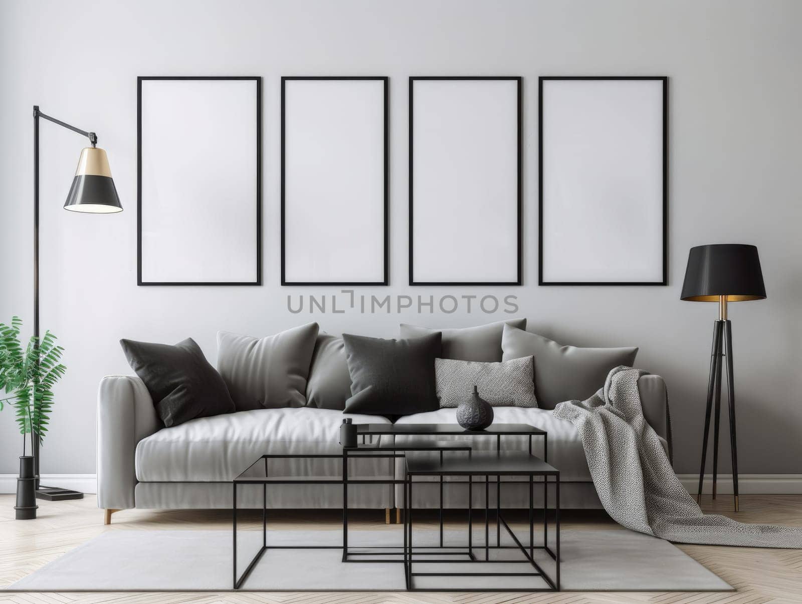 Trendy grey modern living room with mock up frame above sofa. Generative AI.