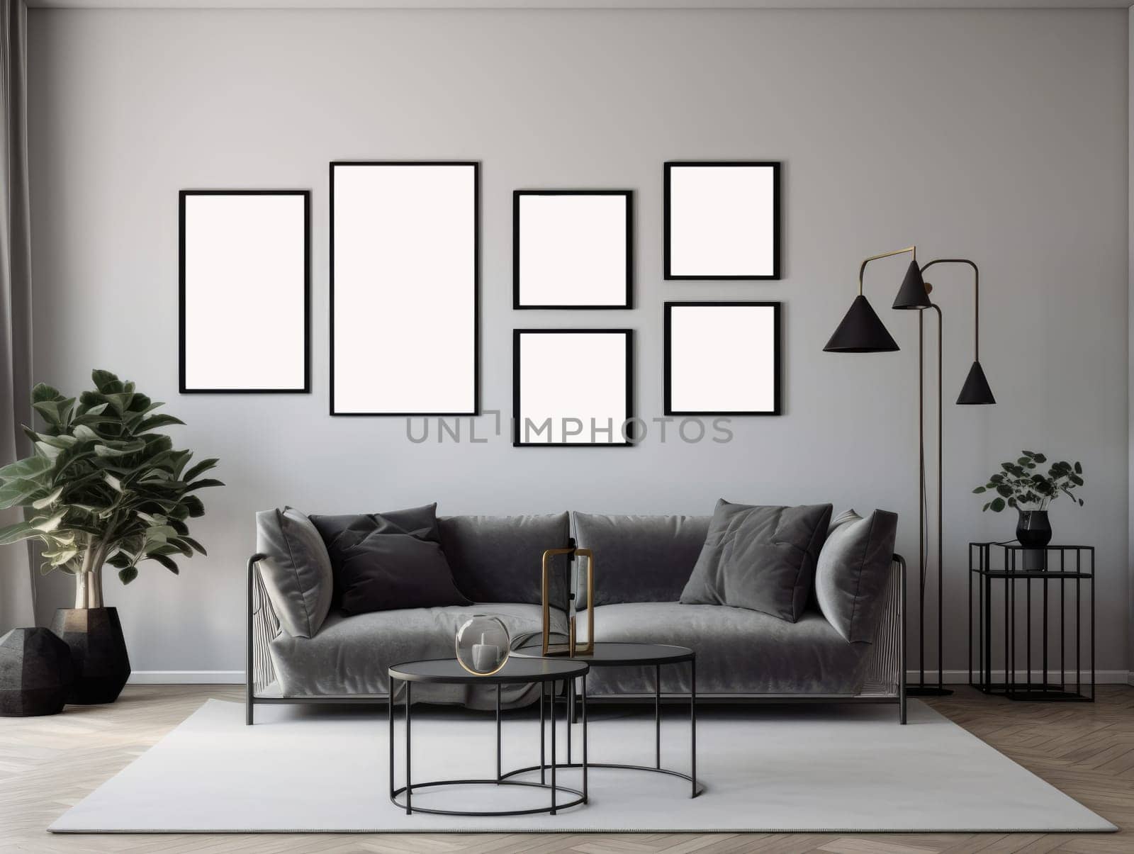 Grey modern living room with mock up frame and modern furniture. Generative AI.