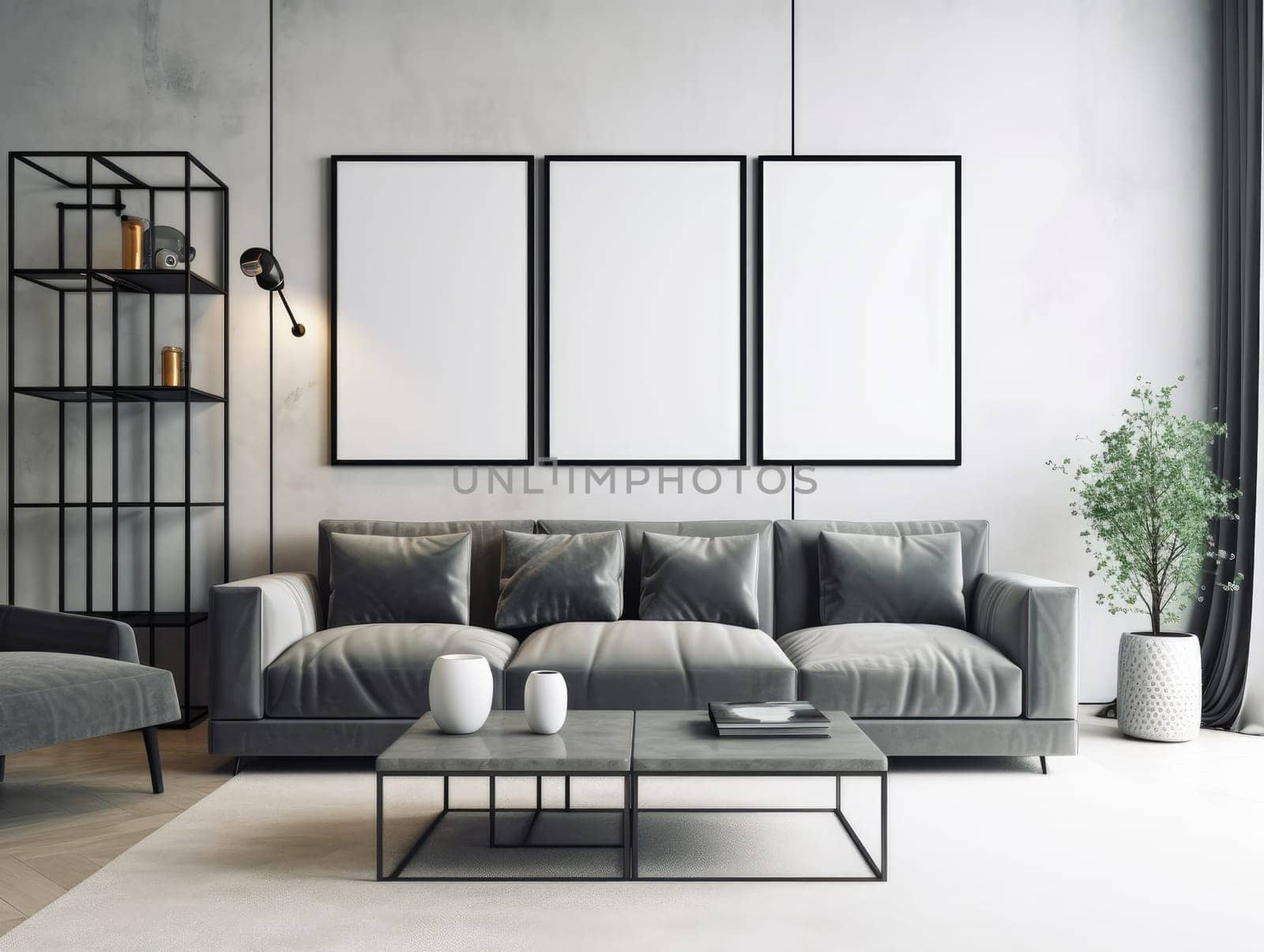 Trendy grey modern living room with mock up frame above sofa. Generative AI.