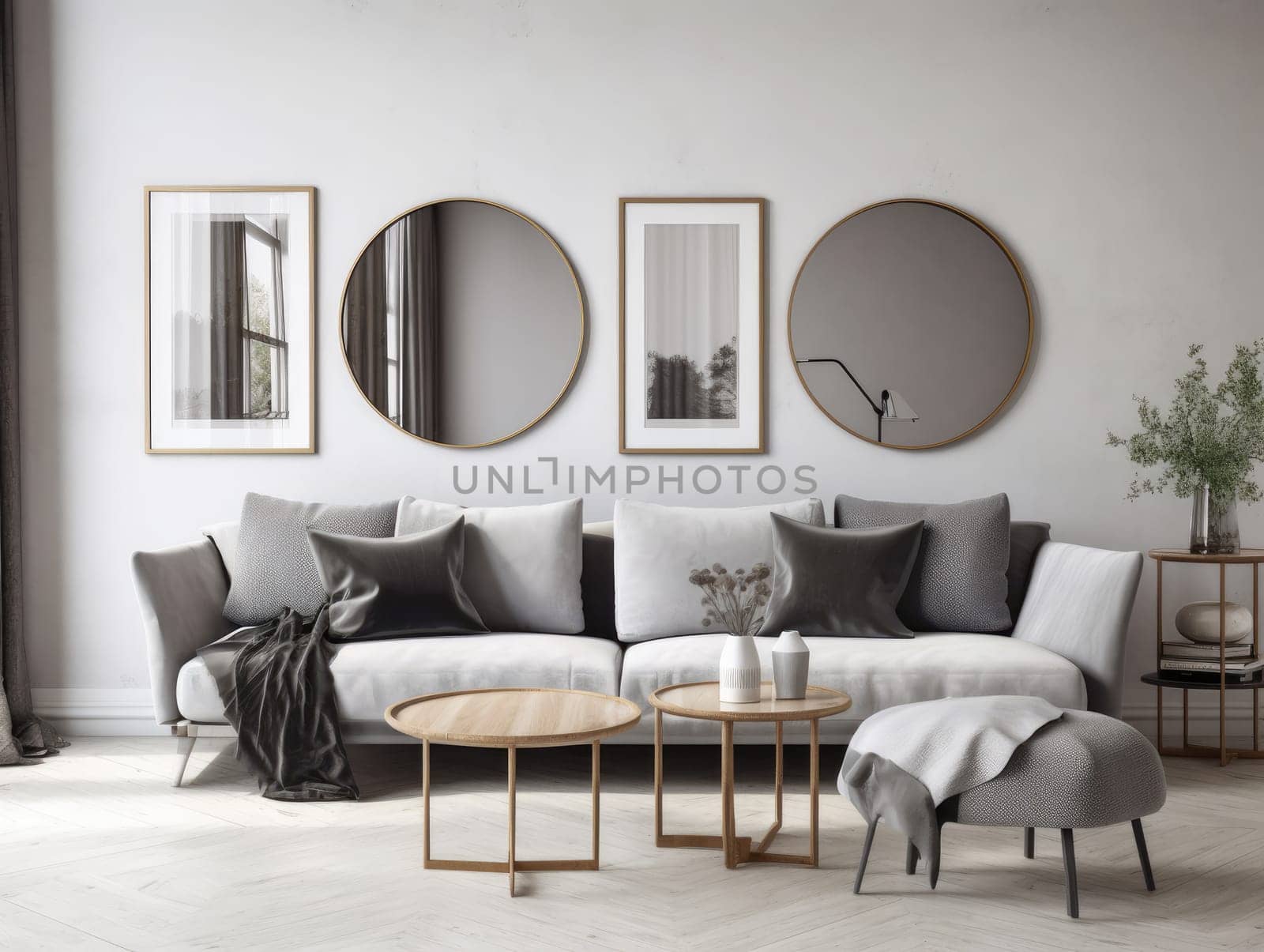 Trendy grey modern living room with mock up frame above sofa. Generative AI.