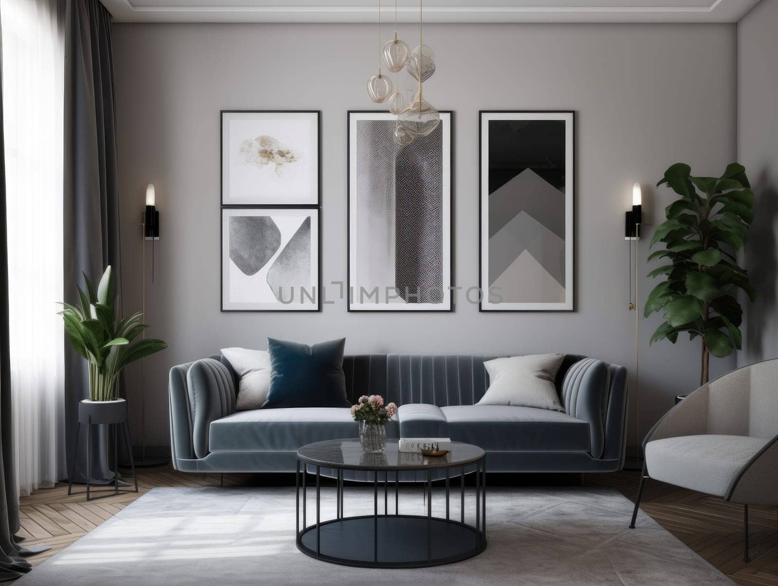 Modern stylish interior living room with mock up frame. Generative AI.