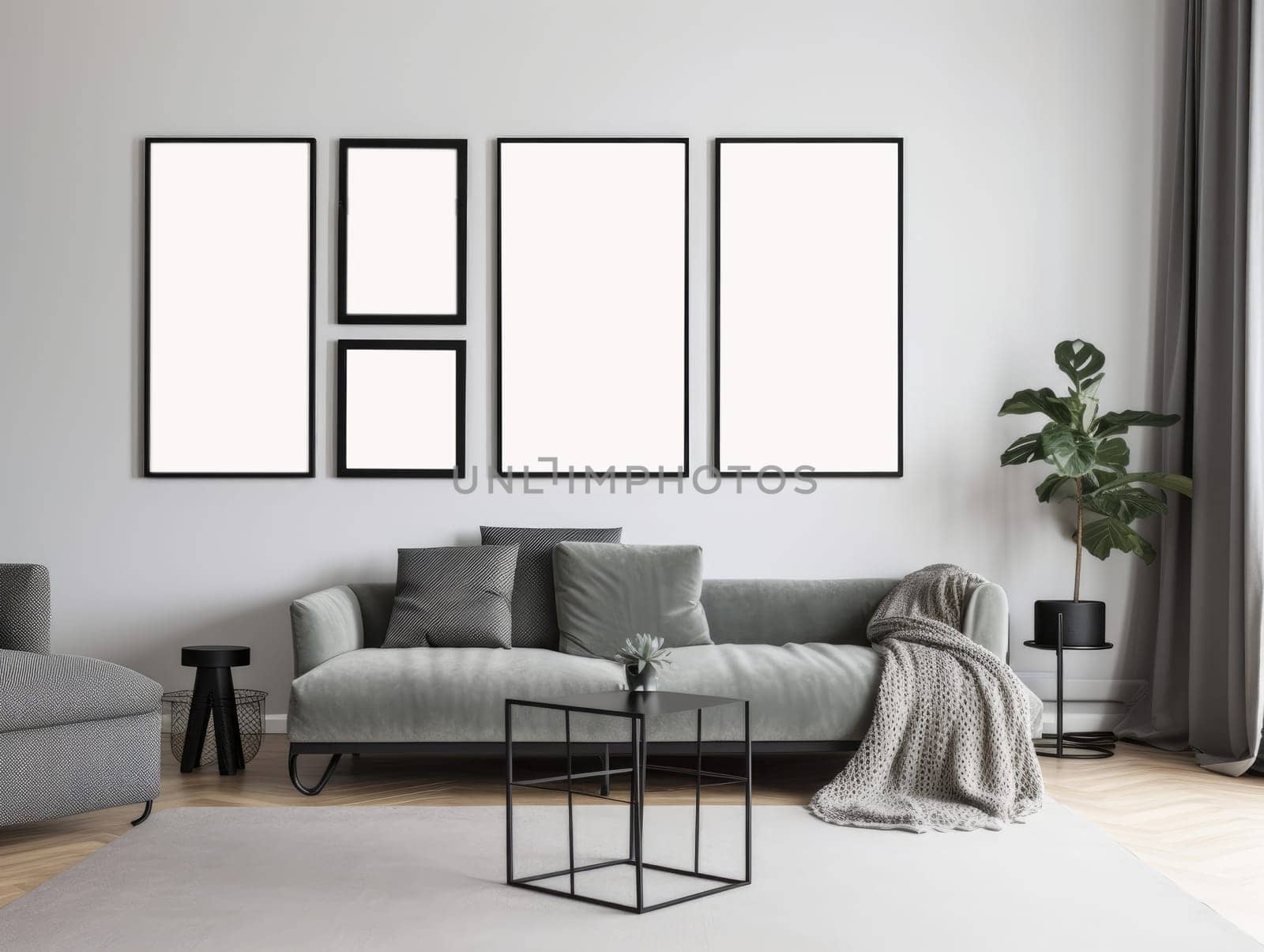 Beautiful Contemporary living room with mock up frame on the wall. Generative AI.