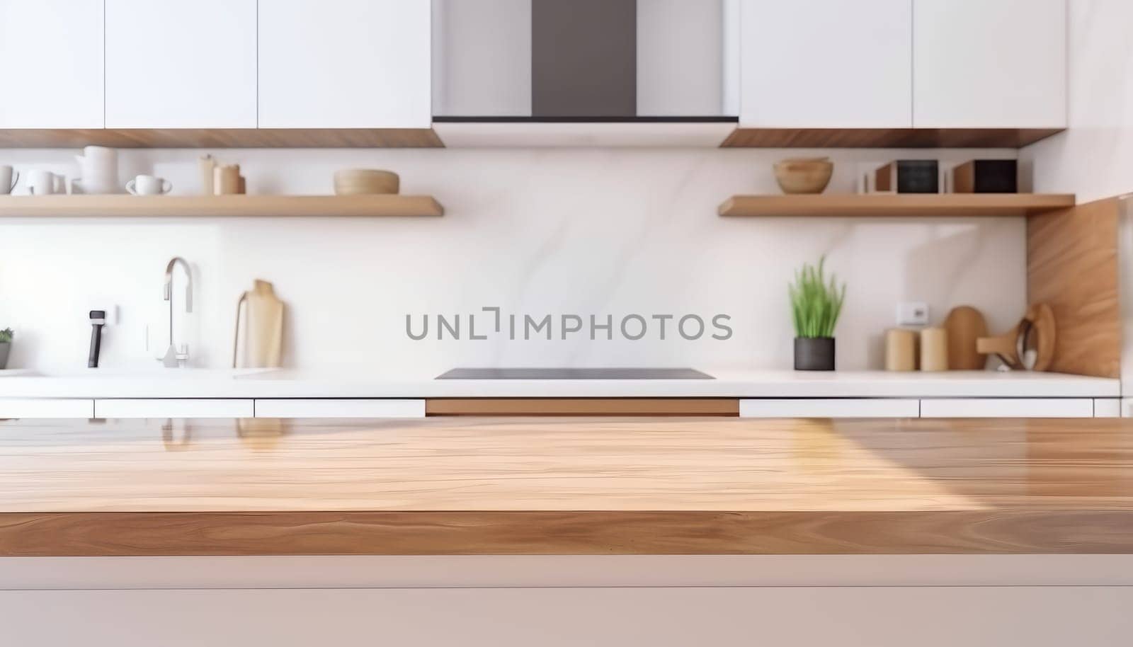Empty top wooden kitchen counter with white kitchen in the background. Generative AI.