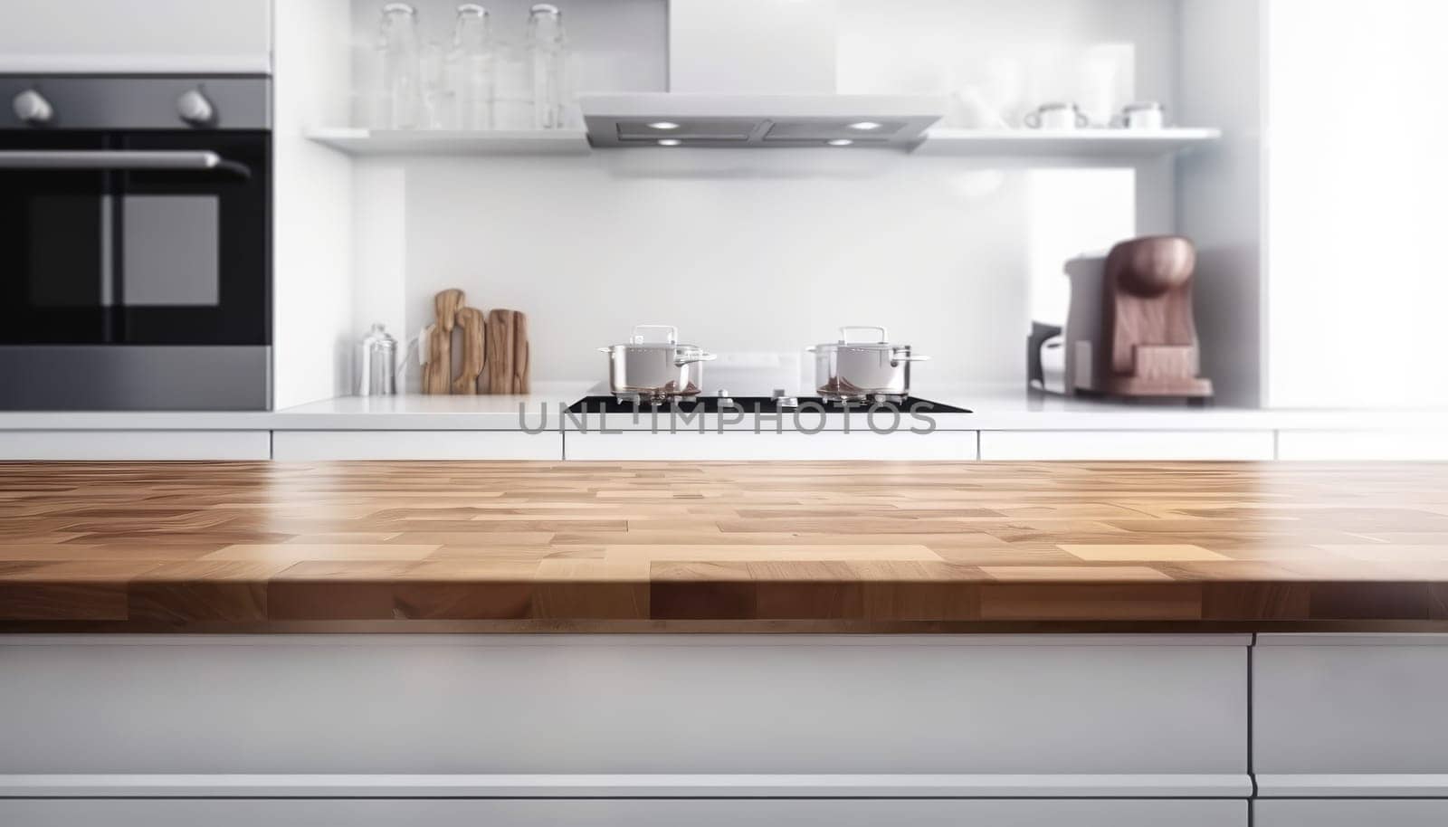 Empty top wooden kitchen counter with white kitchen in the background. Generative AI.