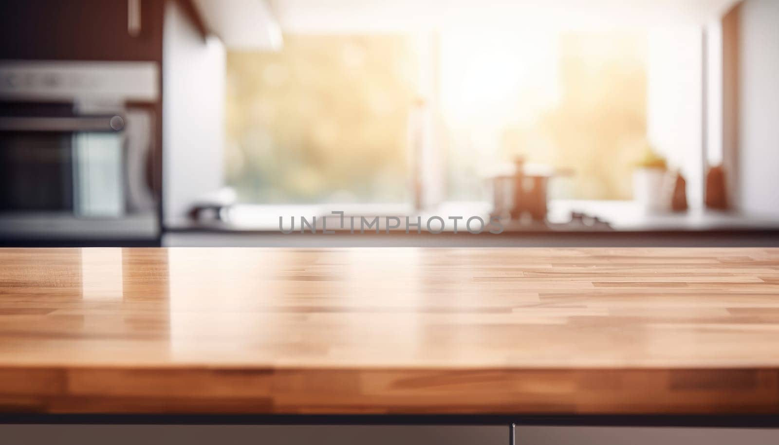 Empty top wooden kitchen counter with white kitchen in the background. Generative AI.