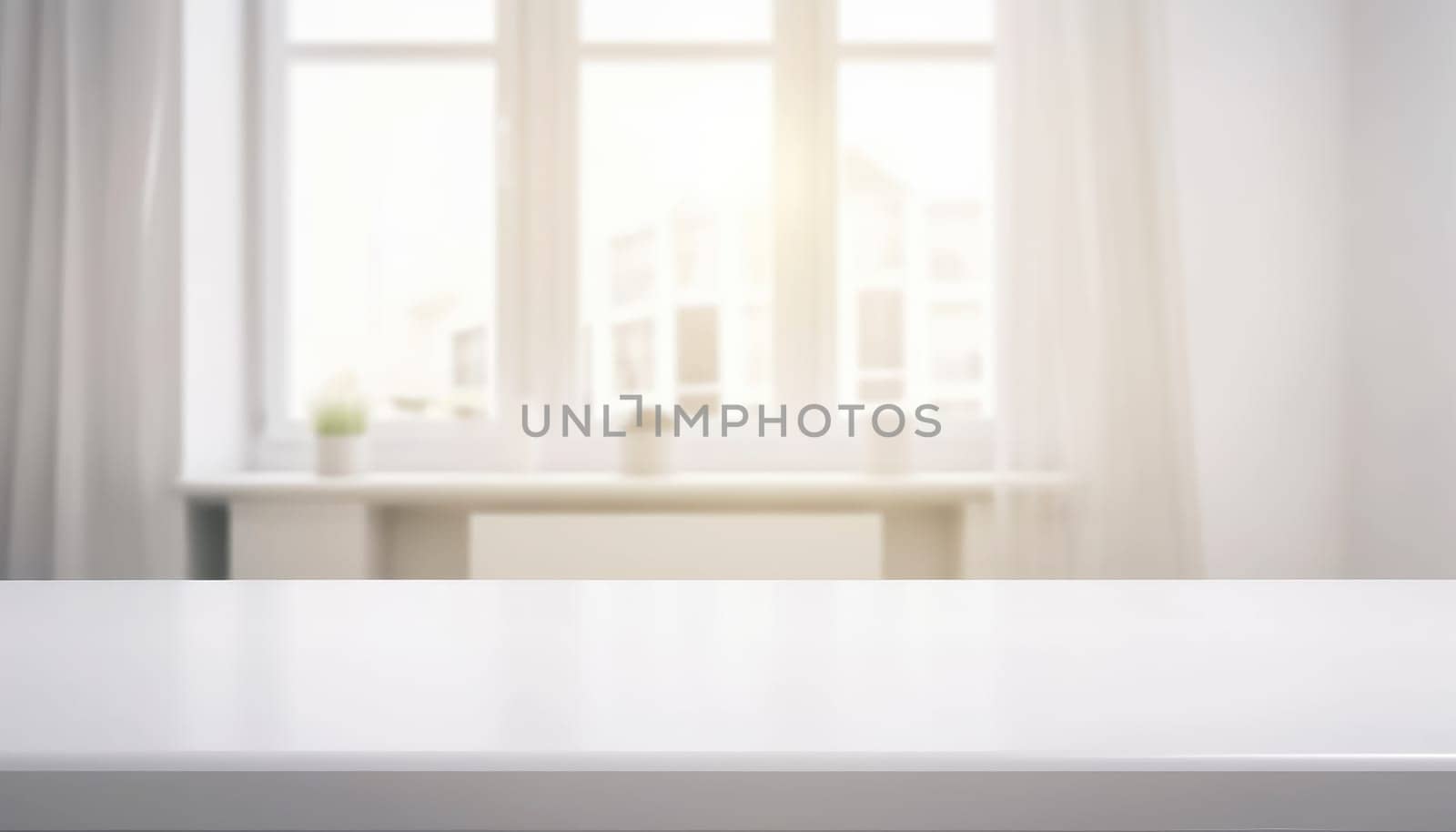 White empty table with modern living room in the morning. Generative AI.