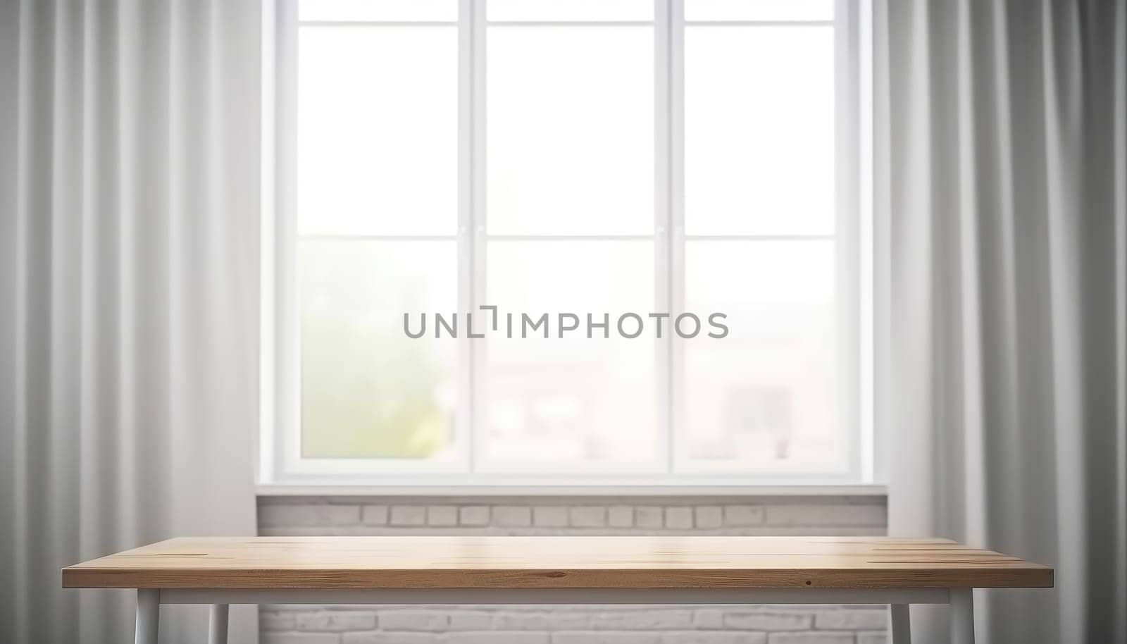 Wooden table with copy space and window background with curtains. Generative ai.