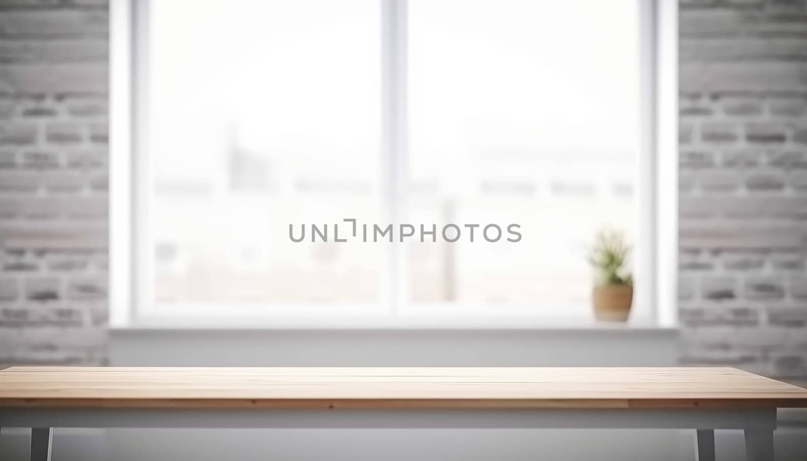 Empty wooden table with copy space in white living room with window. Generative AI.