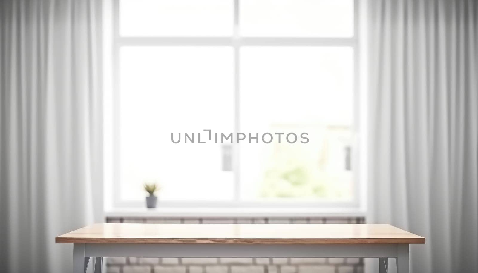 Wooden table with copy space and window background with curtains. Generative ai.