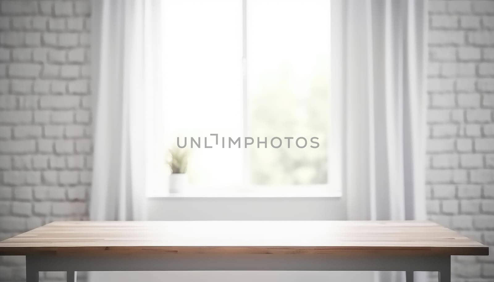 Wooden table with copy space and window background with curtains. Generative ai.