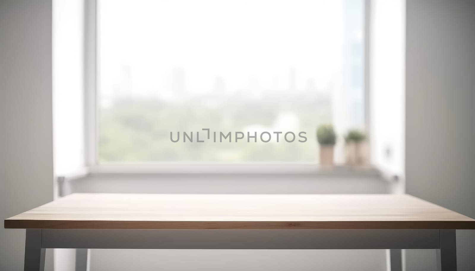 Empty wooden table with copy space in white living room with window. Generative AI.