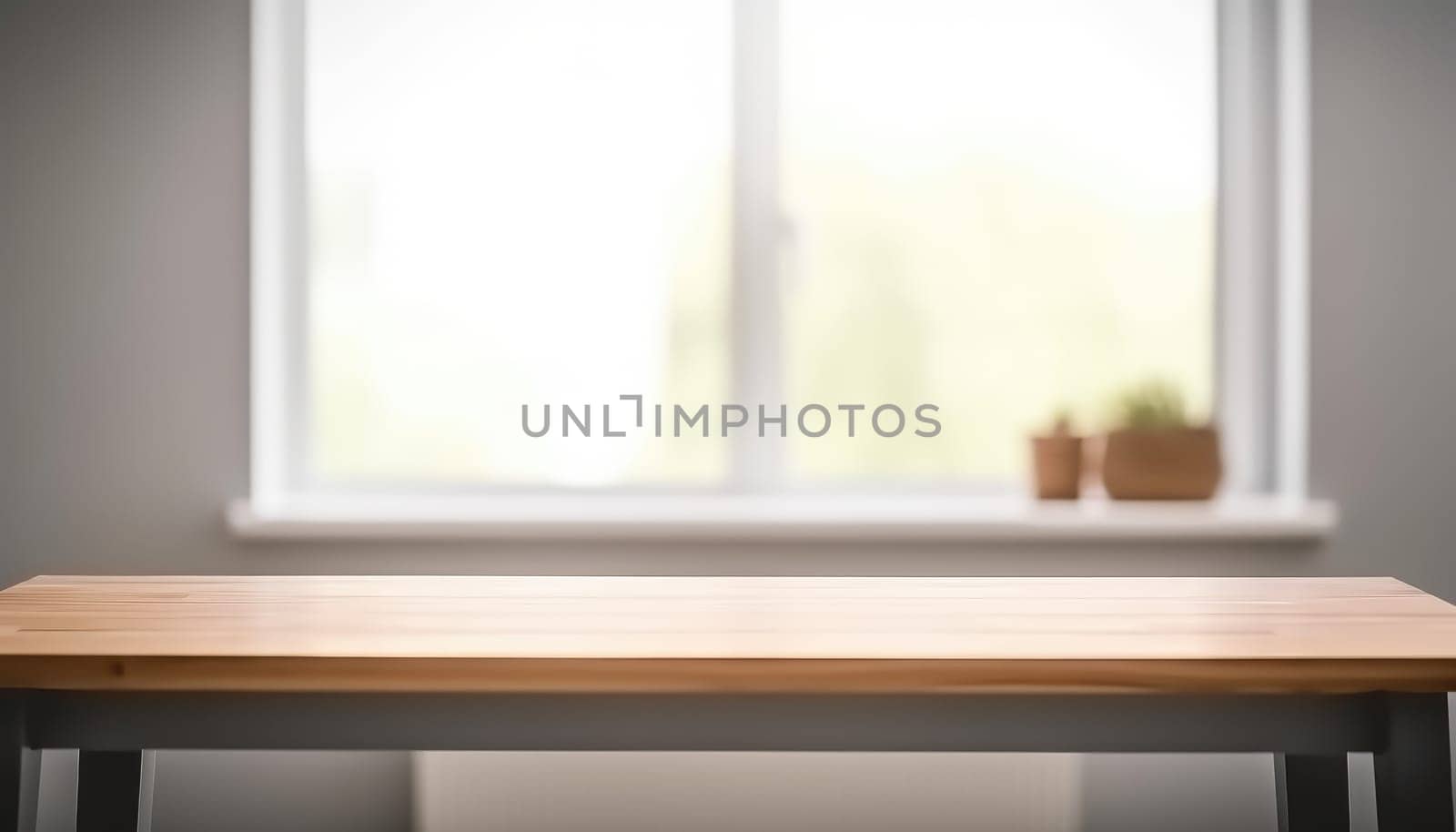 Empty wooden table with copy space in white living room with window. Generative AI.