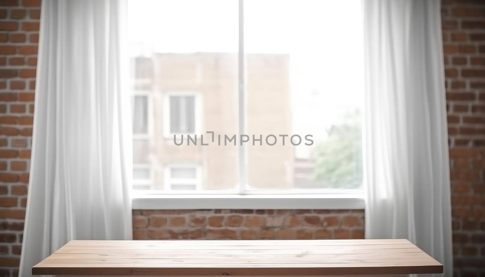 Empty wooden table with brick wall and window background. Generative AI.