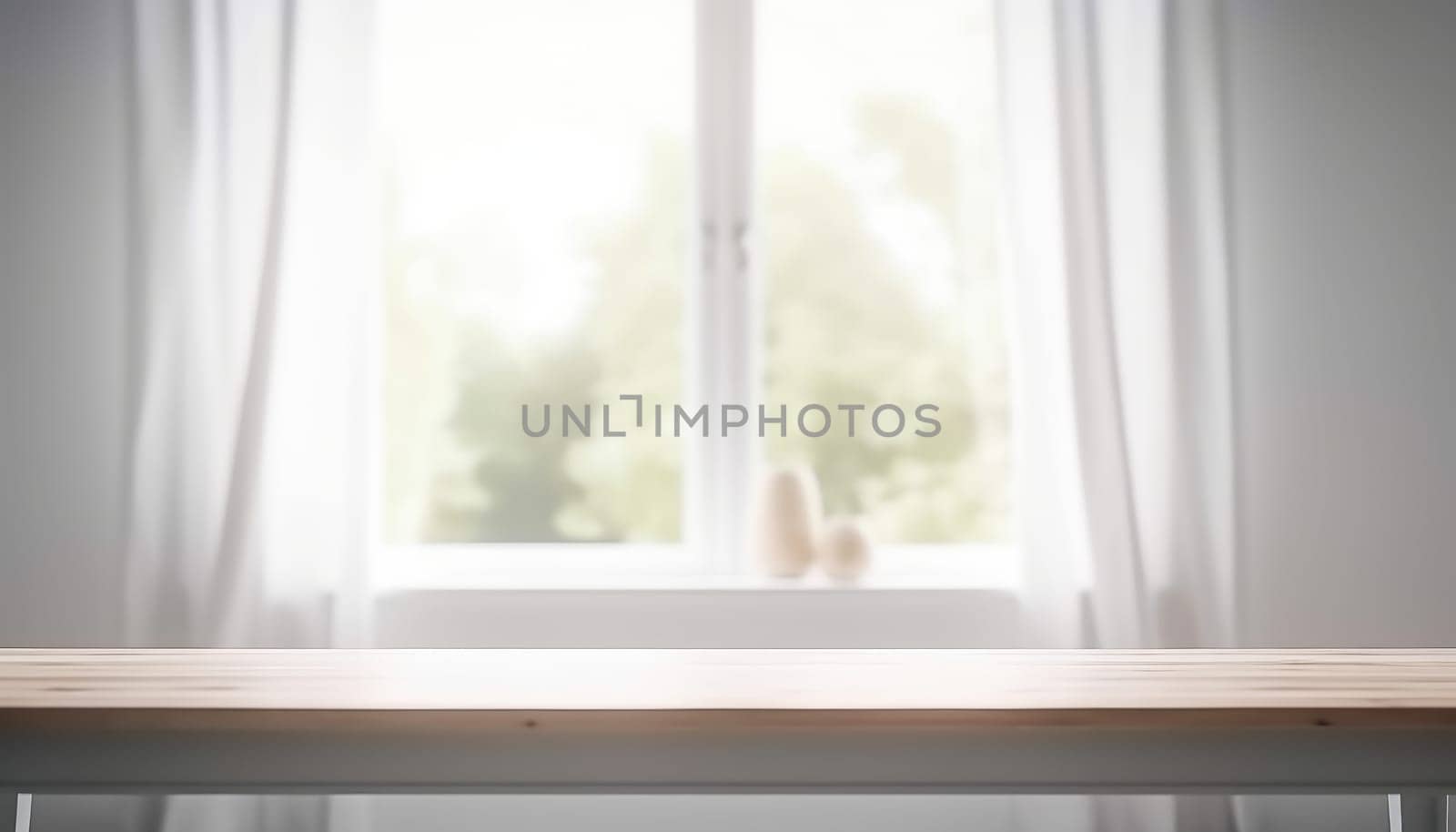 Wooden table with copy space and window background with curtains. Generative ai.