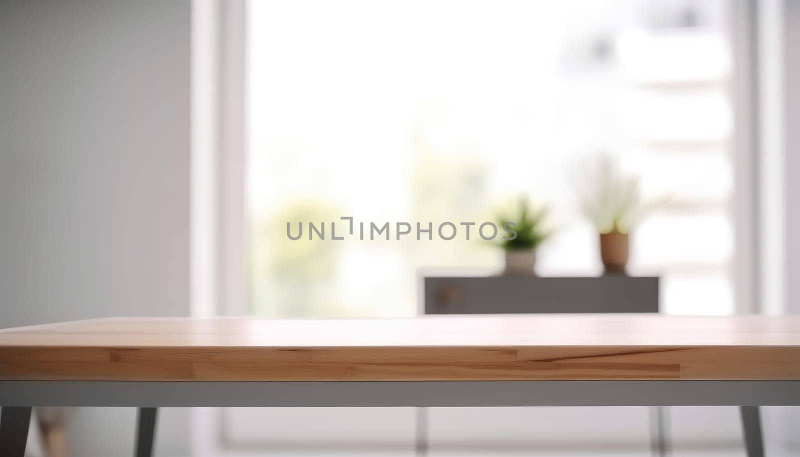 Empty wooden table with copy space in white living room with window. Generative AI.