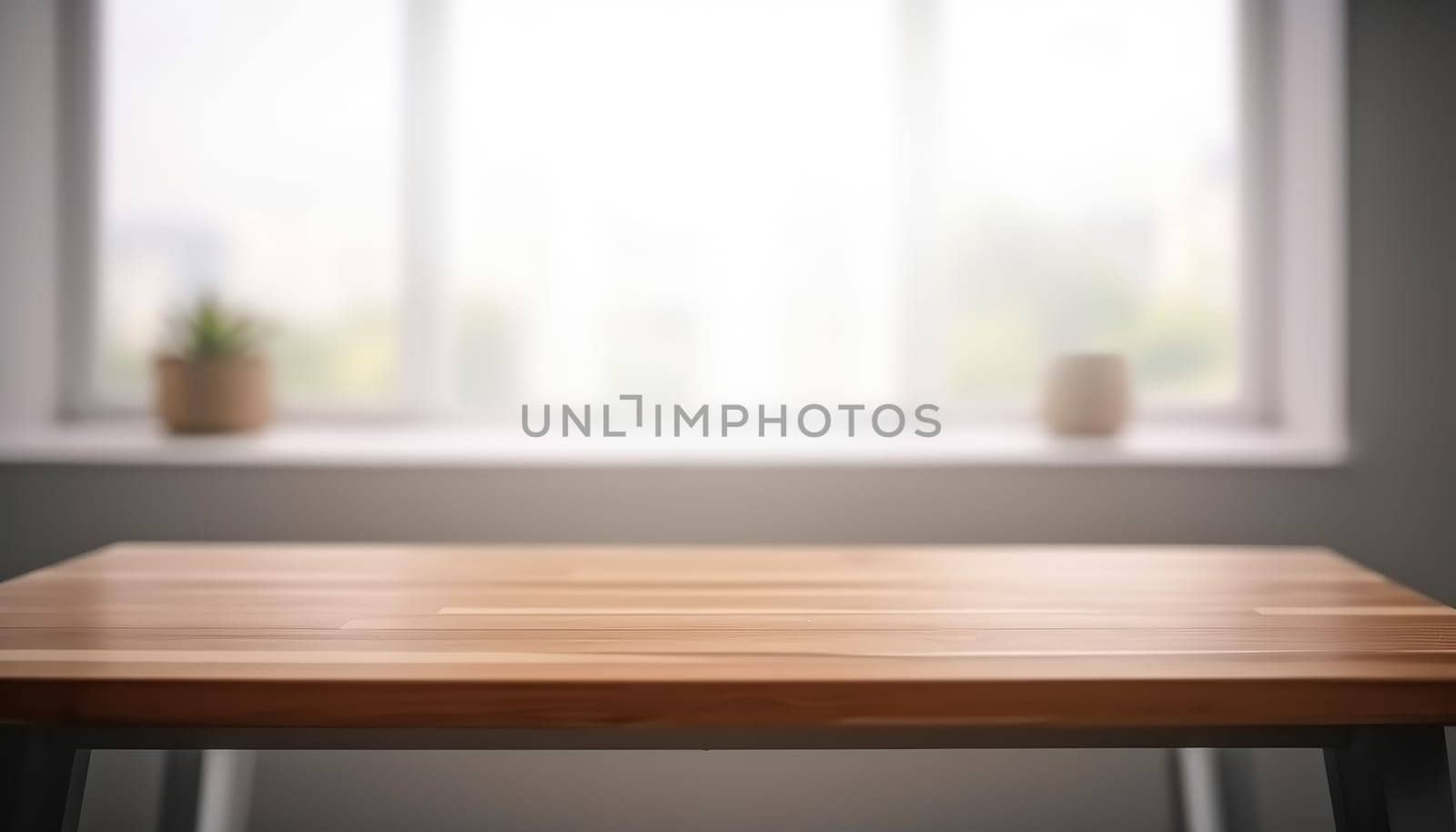 Empty wooden table with copy space in white living room with window. Generative AI.
