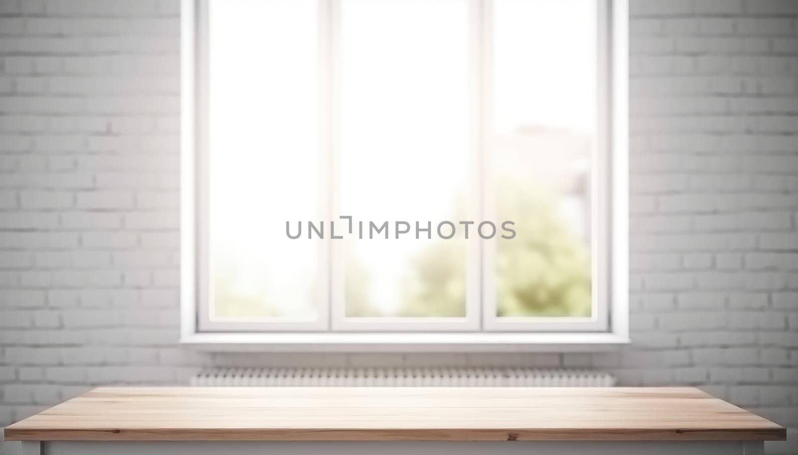 Empty wooden table with copy space in white living room with window. Generative AI.