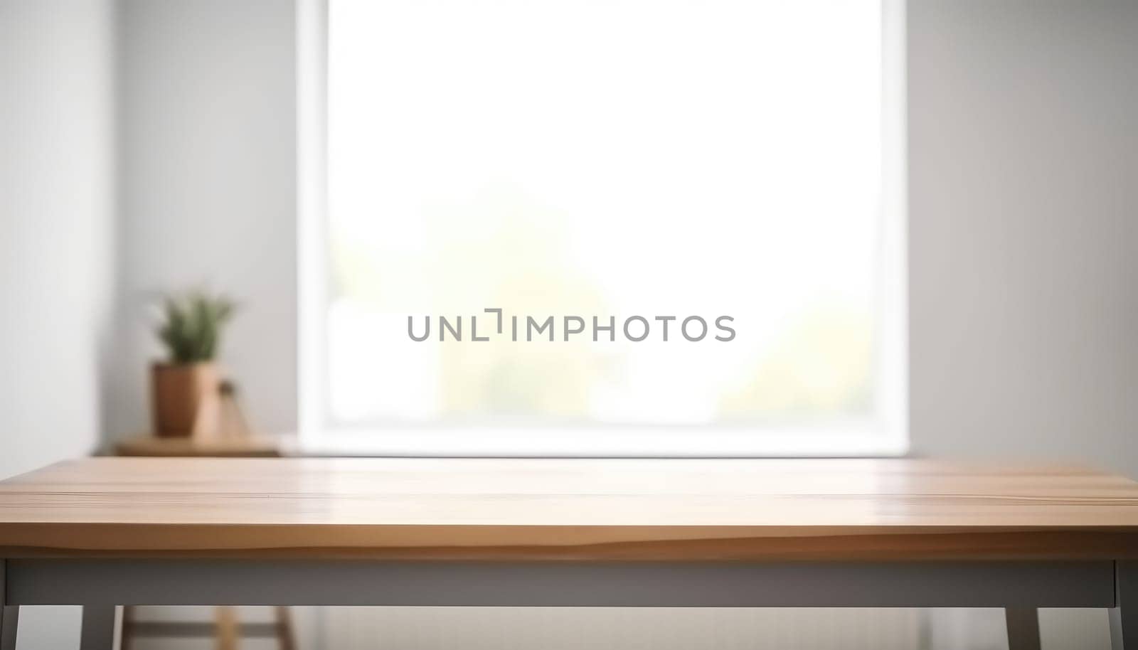 Empty wooden table with copy space in white living room with window. Generative AI.