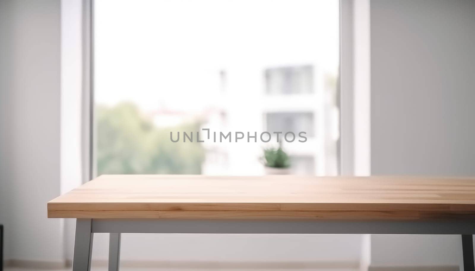 Empty wooden table with copy space in white living room with window. Generative AI.