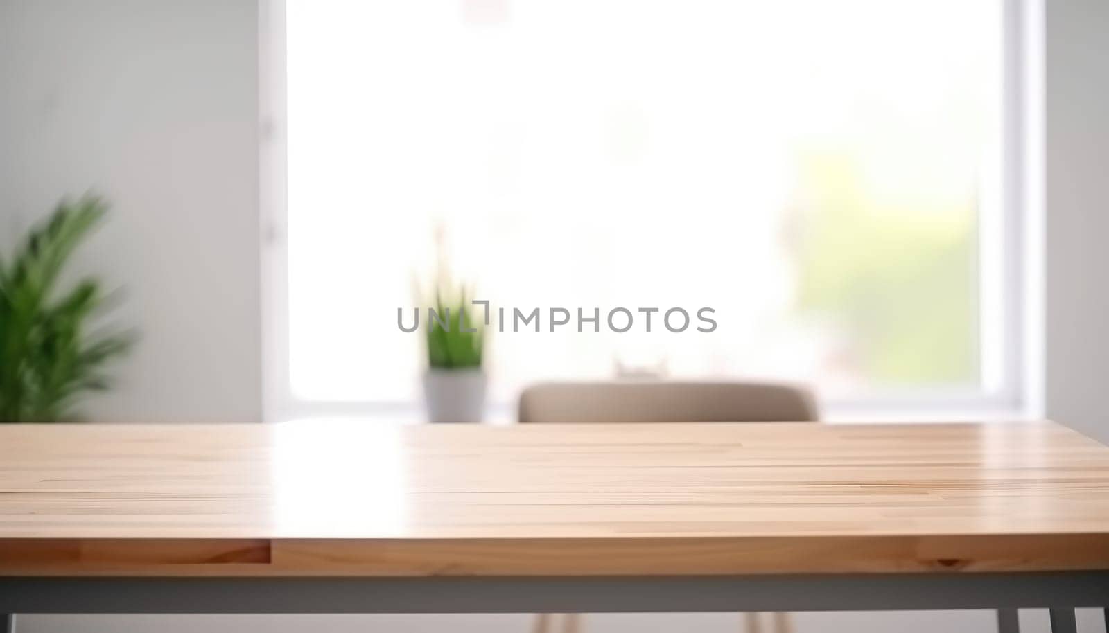 Empty wooden table with copy space in white living room with window. Generative AI.