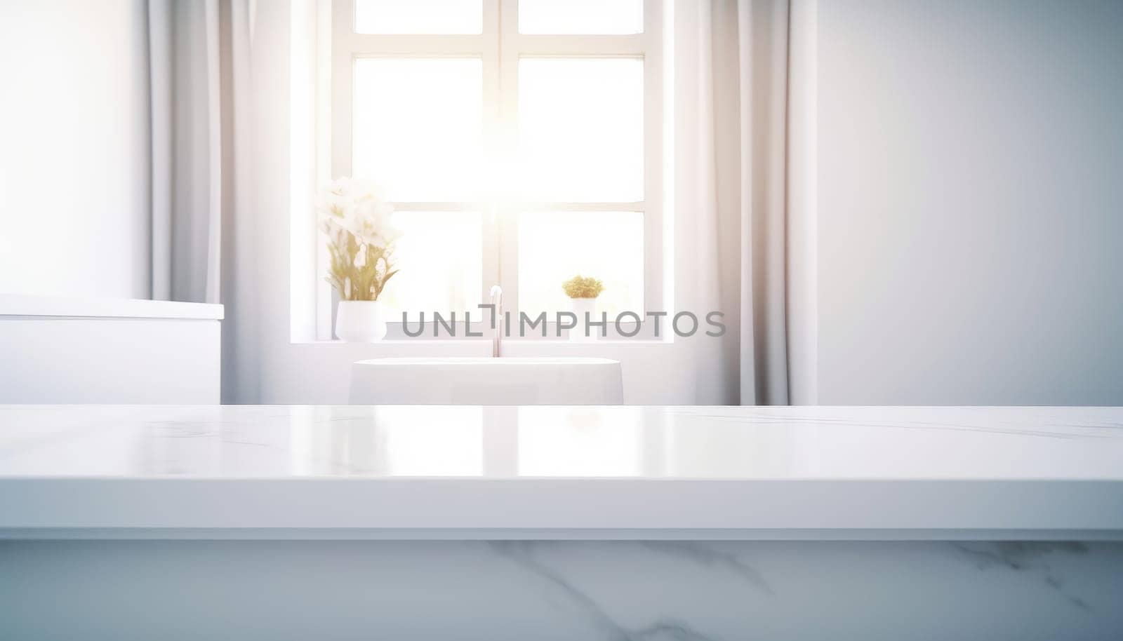 Empty white countertop with blurred bathroom background. Generative AI.
