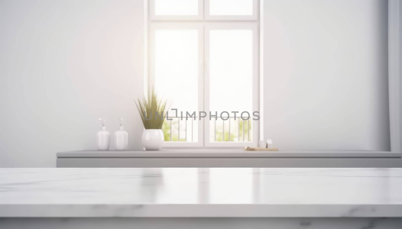 Empty white countertop with blurred bathroom background. Generative AI.