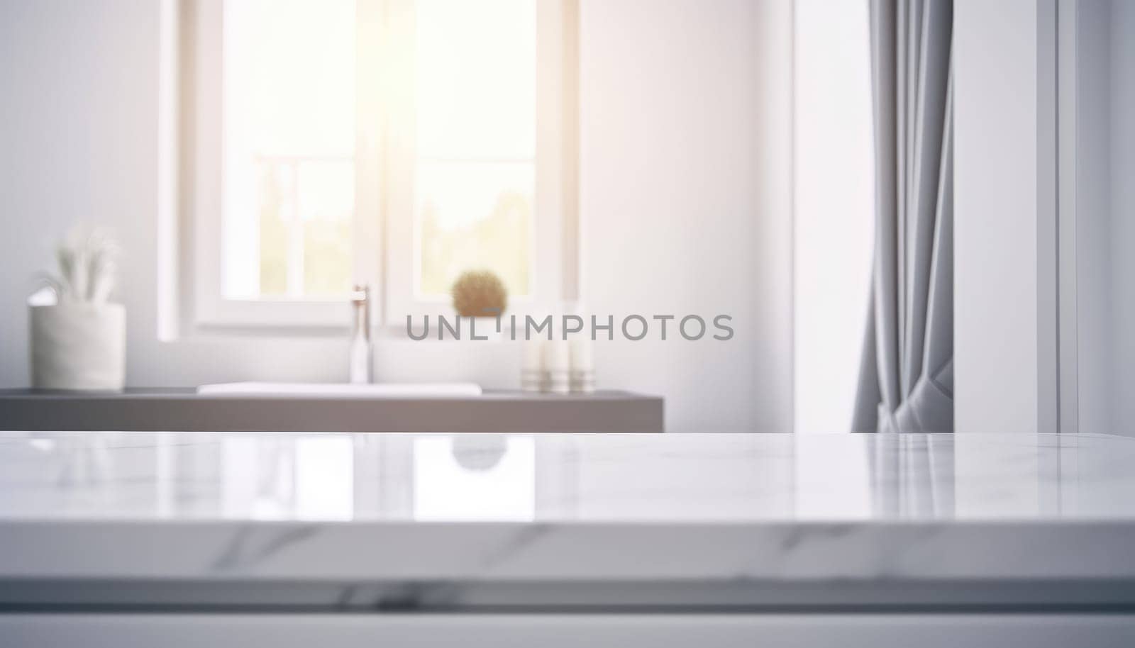 Empty white countertop with blurred bathroom background. Generative AI.