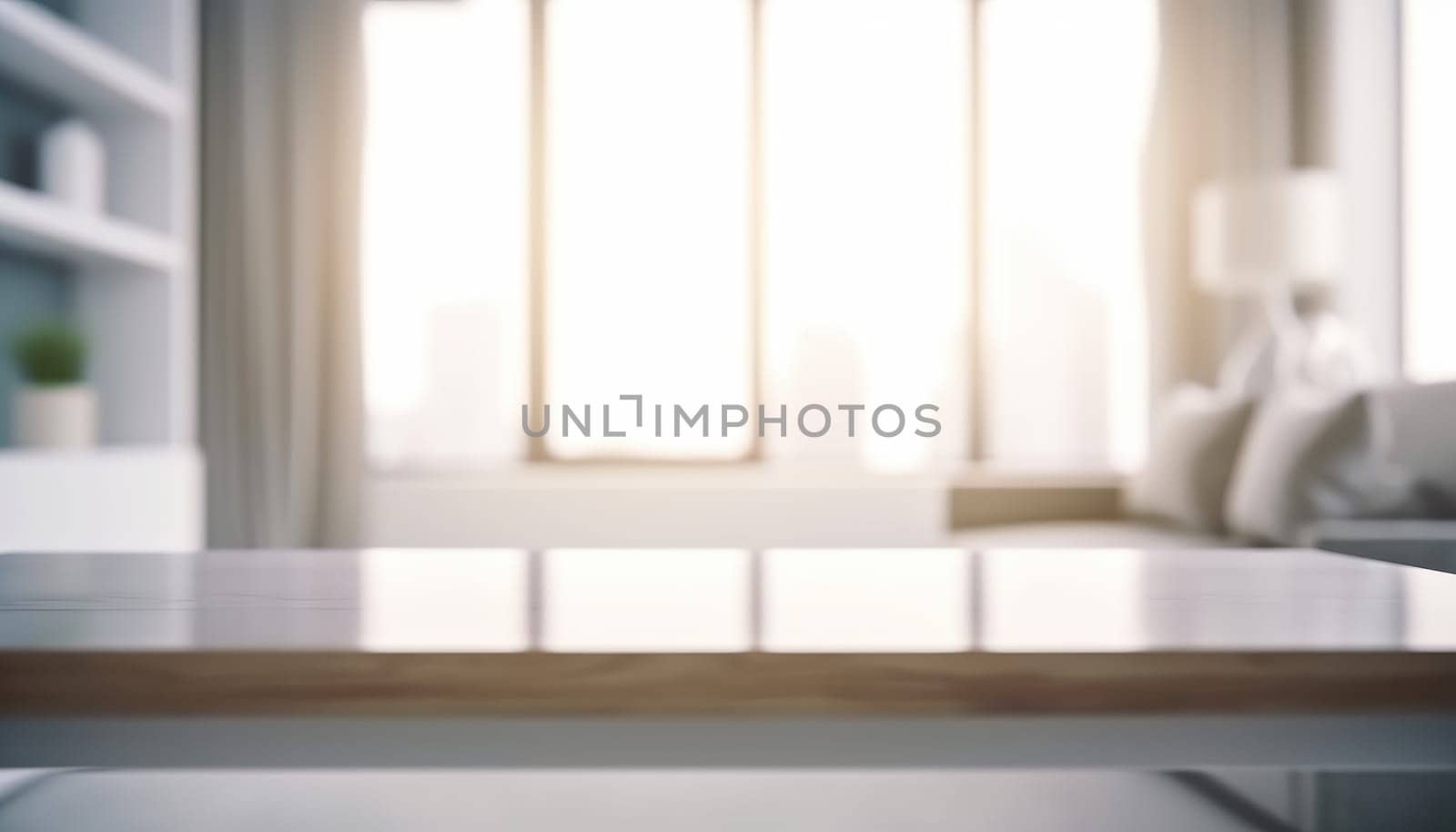 Front view of empty table in the living room in the morning with blurred background. Generative AI.