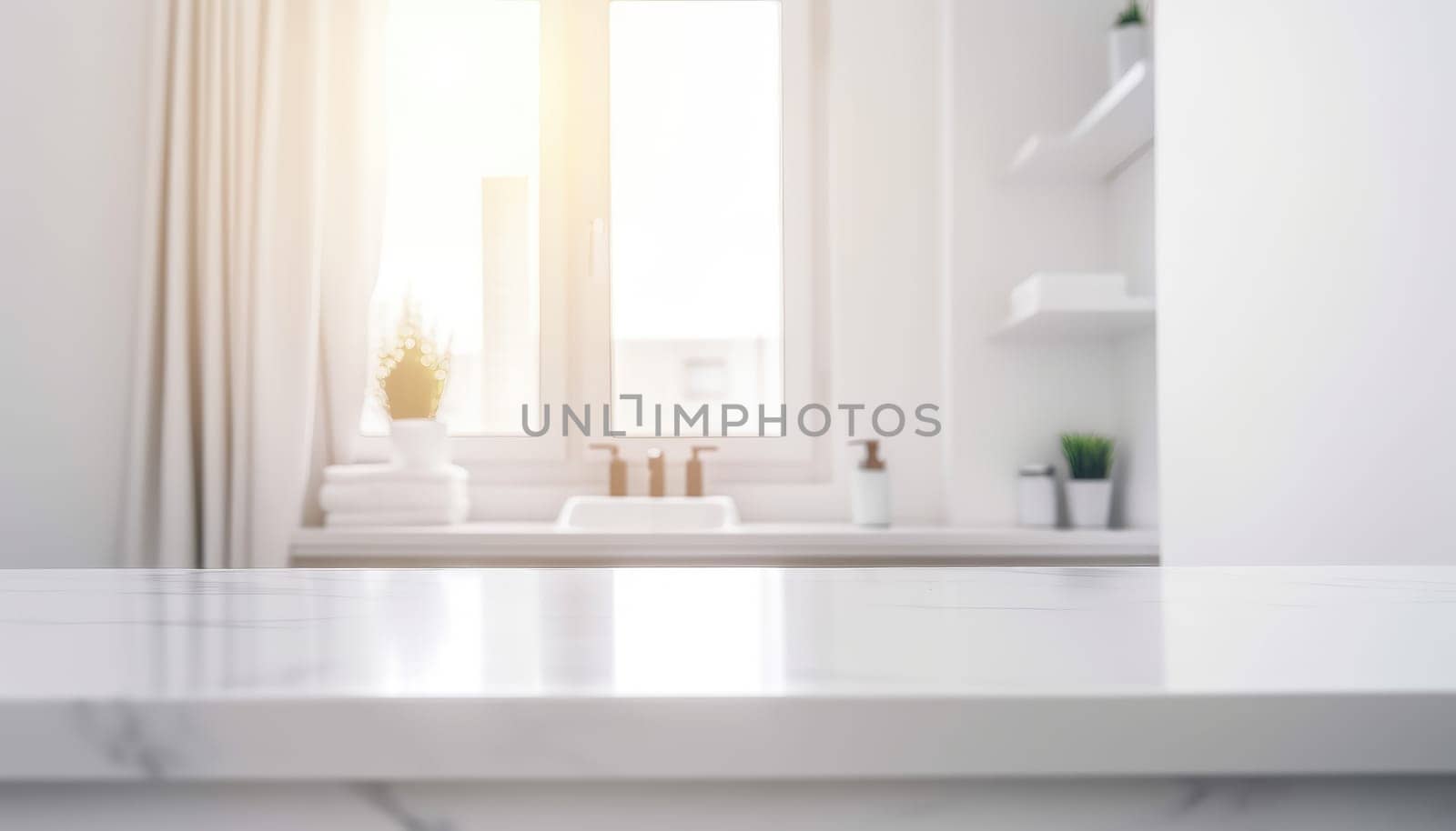 Empty white countertop with blurred bathroom background. Generative AI.