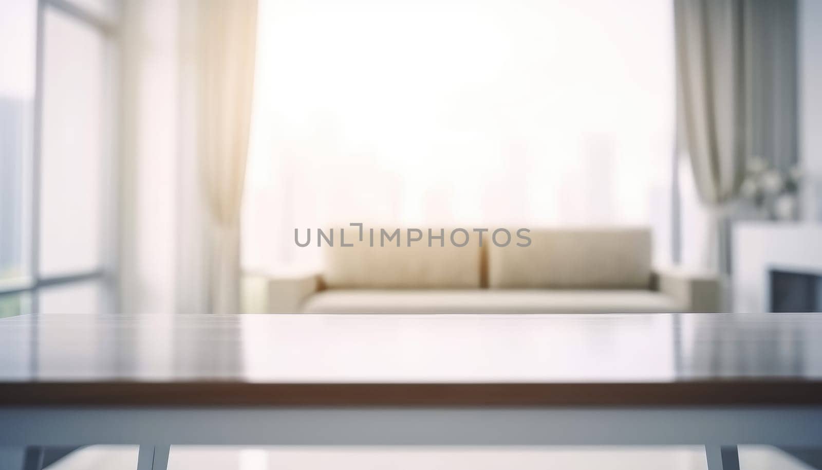 Front view of empty table in the living room in the morning with blurred background. Generative AI.