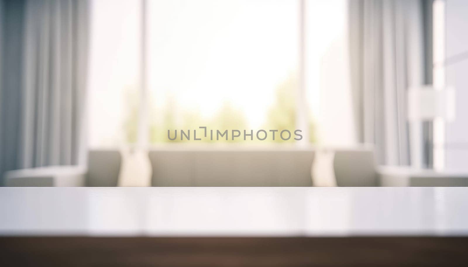 Front view of empty table in the living room in the morning with blurred background. Generative AI.