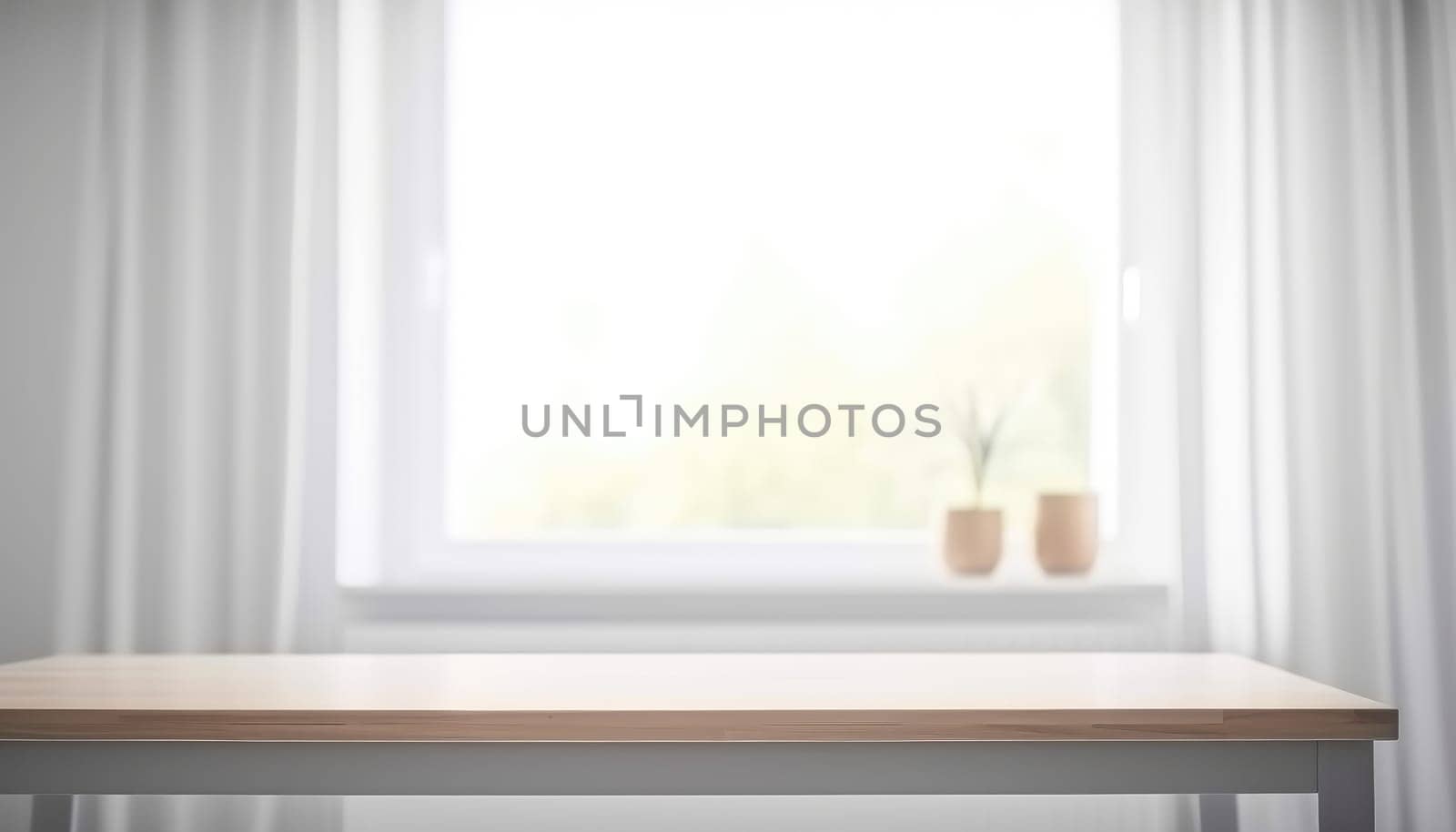 Wooden table with copy space and window background with curtains. Generative ai.