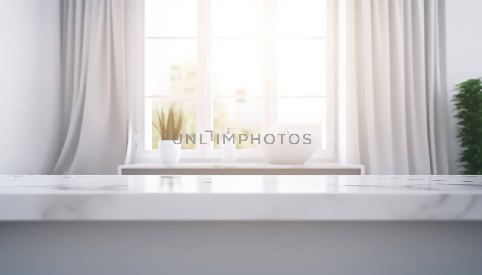 Empty white countertop with blurred bathroom background. Generative AI.