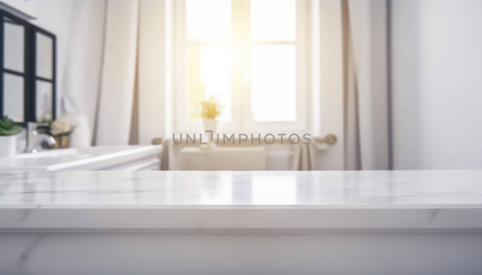 Empty white countertop with blurred bathroom background. Generative AI.