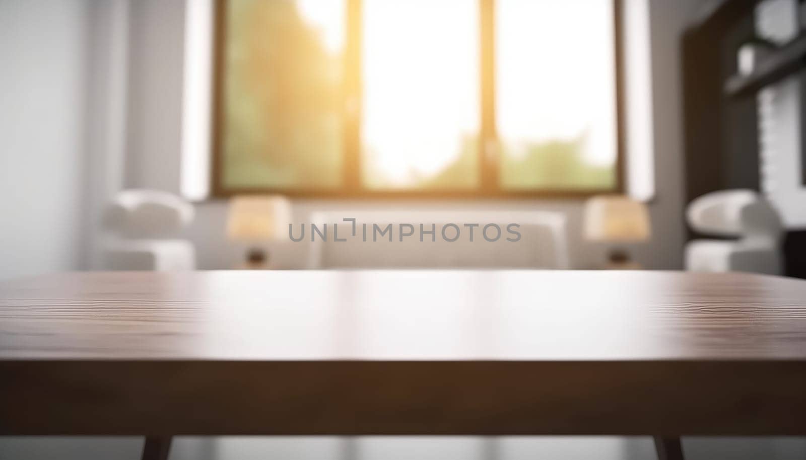 Empty table and copy space with blurred living room background in the morning. Generative AI.