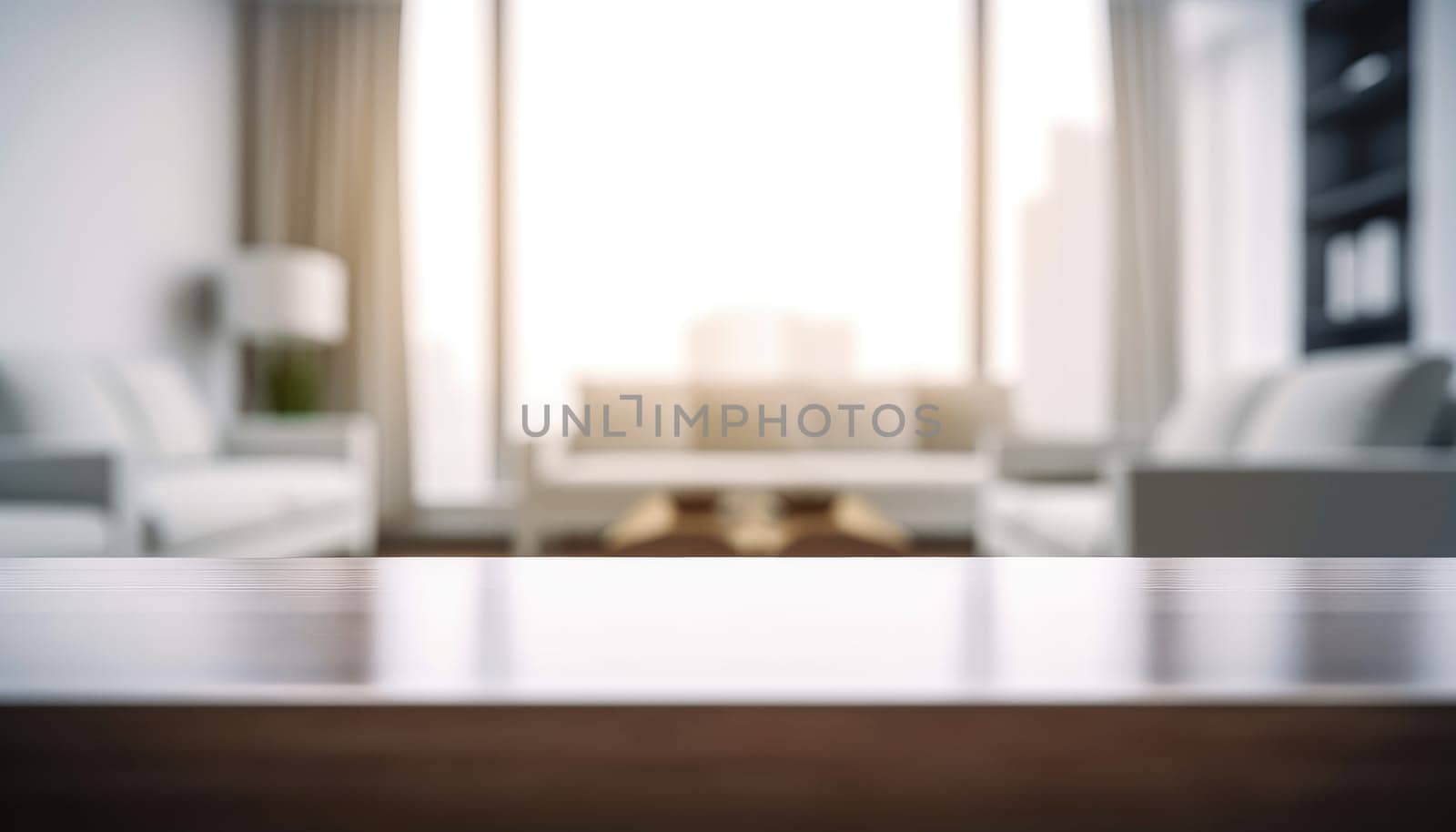 Front view of empty table in the living room in the morning with blurred background. Generative AI.
