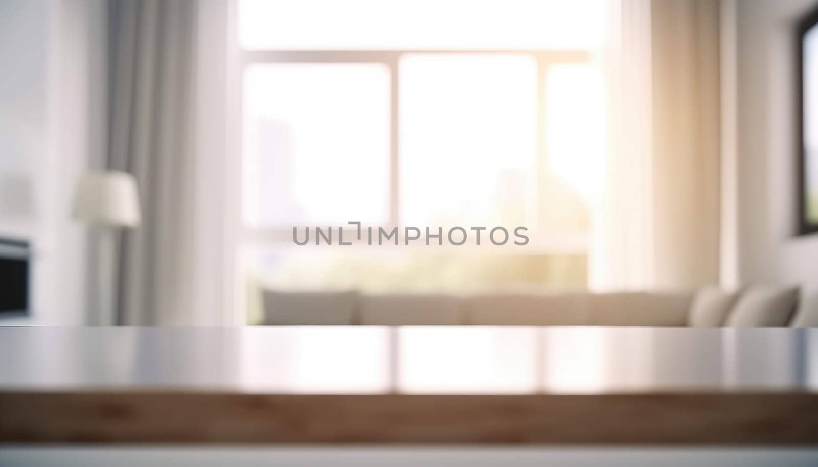 Front view of empty table in the living room in the morning with blurred background. Generative AI.